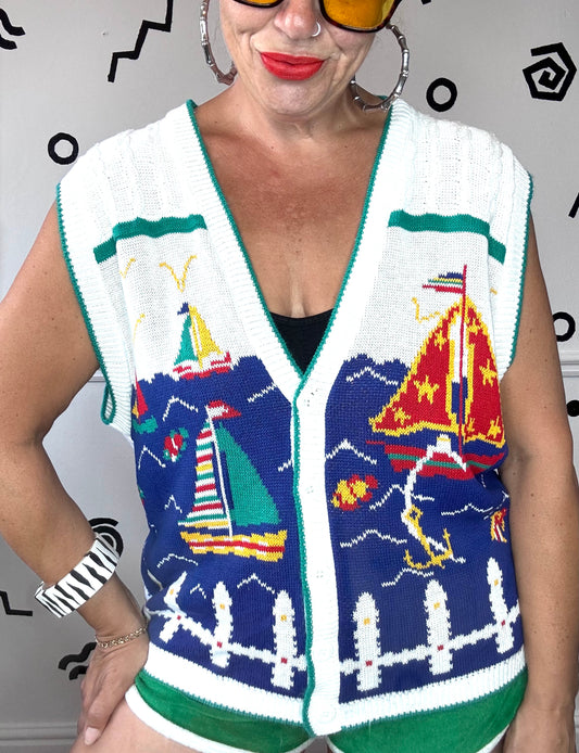Nautical boats knitted waistcoat