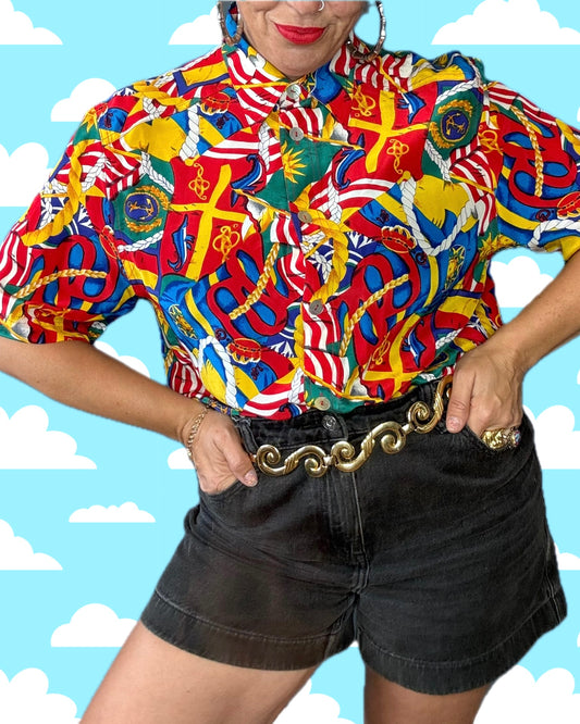 Nautical print silk shirt